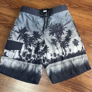 Palm Tree Print Swim Shorts - Black and Grey